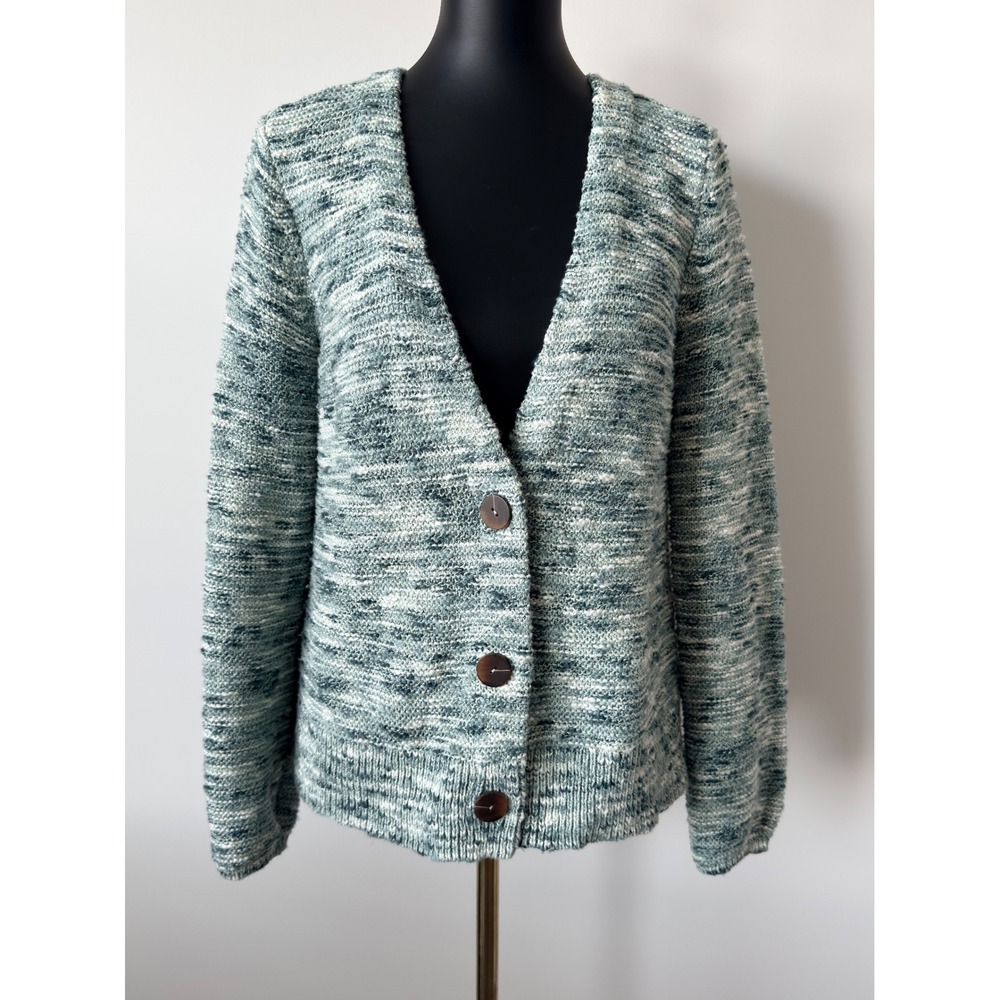 Pure Jill J. Jill Space Dyed V-Neck Cardigan Sweater Teal Blue White XS